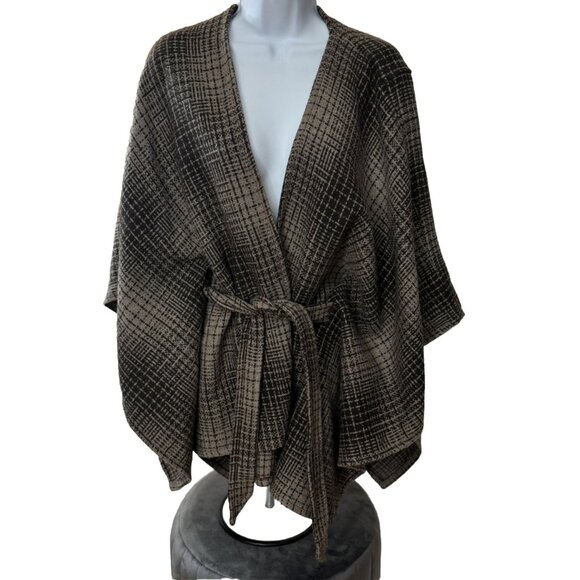 Ann Taylor Med. Wool Plaid Cape Brown Sweater Preppy Classic Boho Feminine Y2K - Picture 1 of 3